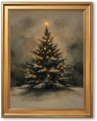 Vintage Gold Framed Christmas Tree Wall Art Elegant Snowy Tree Canvas Poster Print Retro Classic ... | Amazon (US)