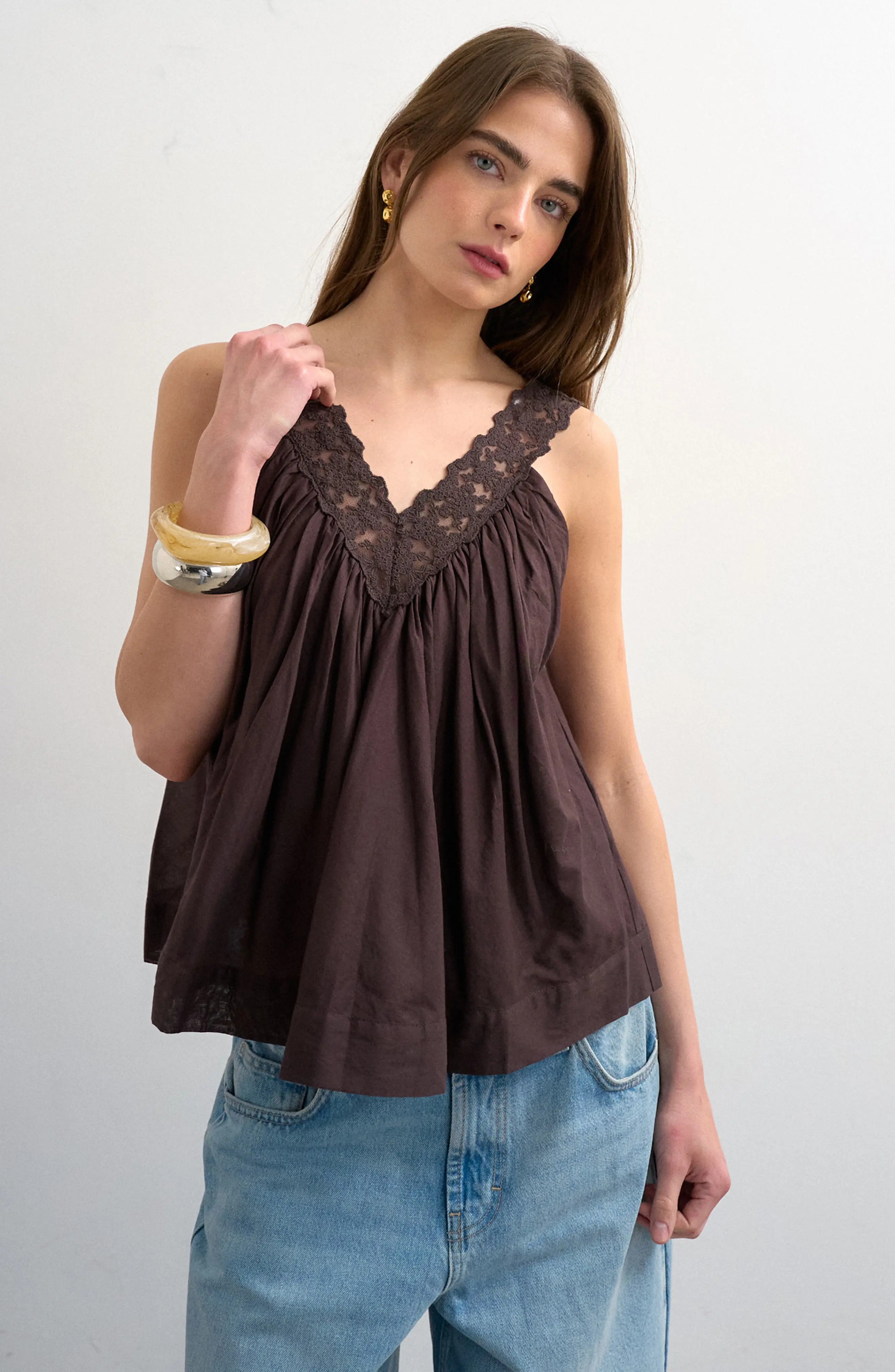 Topshop Deep V-Neck Lace Trapeze Top (Women) | Nordstrom | Nordstrom