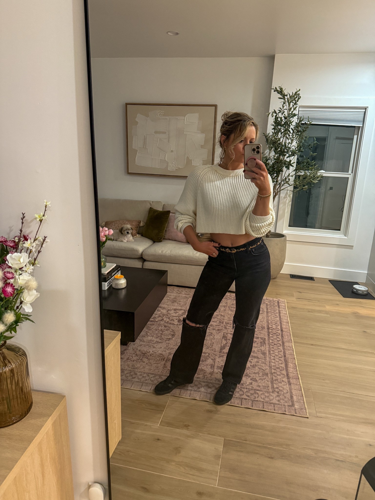 Baggy jeans. Leopard belt. White cropped sweater. Transitional look. Neutral tones. Minimalist aesthetic. Cozy chic. Effortless style. Gold jewelry. Casual glam. Monochrome vibes. High-waisted denim. Fall outfit. Winter layering. Street style. Model-off-duty look. Relaxed fit. Black boots. Sleek updo. Subtle glam. Feminine yet edgy. Trendy but timeless. Elevated basics 

#LTKStyleTip #LTKSpringSale #LTKFindsUnder50