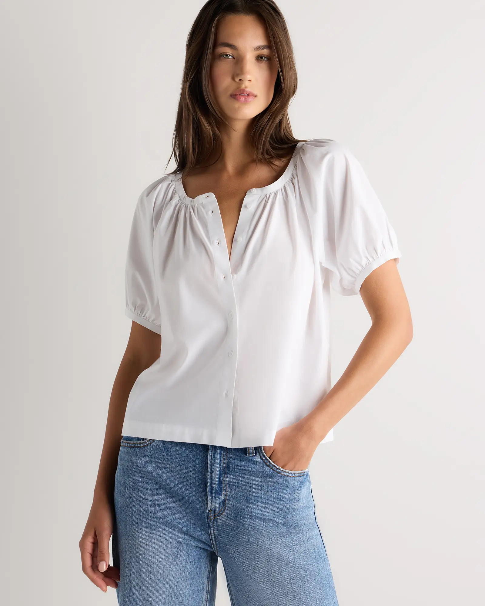 Cotton Viscose Raglan Short Sleeve Blouse in Classic White | Quince