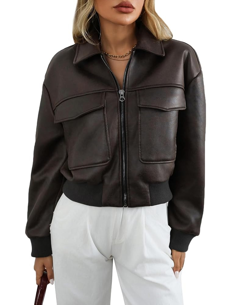 LY VAREY LIN Women Faux Leather Bomber Jacket Distressed Button Front Aviator Biker Coat | Amazon (US)