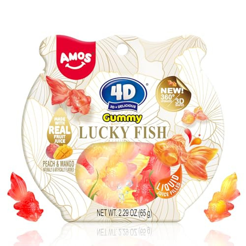 Amos 4D Gummy Lucky Fish Candy, 3D Goldfish-Shaped Gummies with Mango & Peach Juice, 65g per Bag, Gluten-Free Snack | Amazon (US)