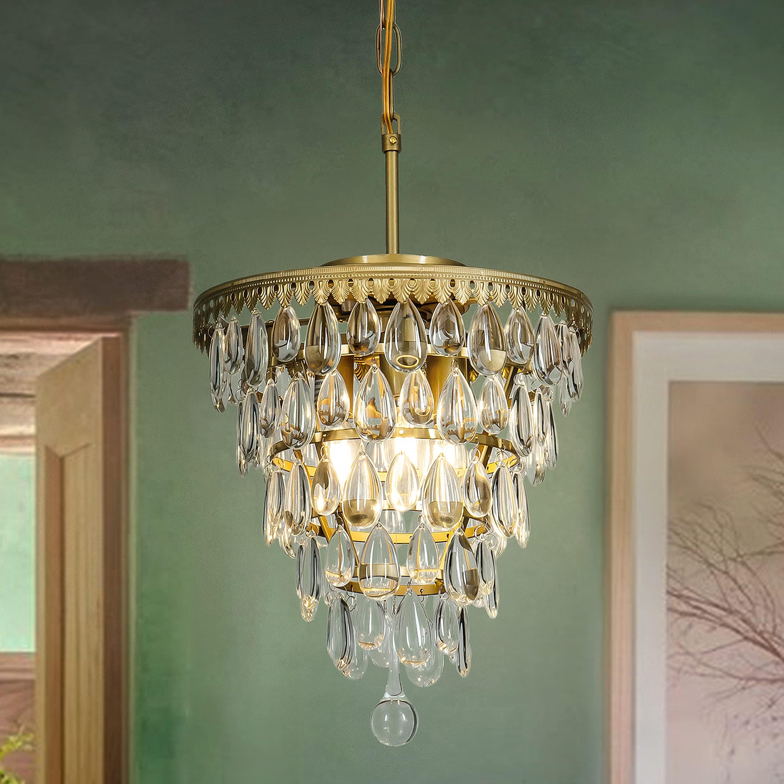 3-Light Antique Brass Crystal Chandelier Vintage 5 Tiers Tear Drops Flush Mount Ceiling Light Interi | Amazon (US)
