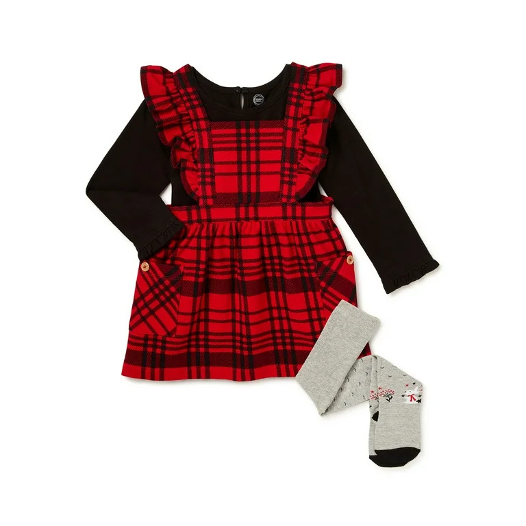 Wonder Nation Baby Girl Christmas Pinafore Dress, Long Sleeve Top & Tights Outfit Set, Sizes 0/3-... | Walmart (US)