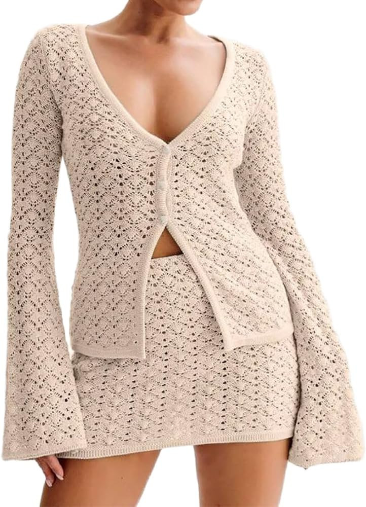 Women Crochet 2 Piece Outfits Set Swimwear Cover Up Flared Long Sleeve Button Down Tops Beach Min... | Amazon (US)