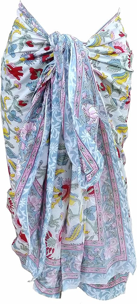 Fikimos Cotton Hand Block Print Sarong Womens Swimsuit Wrap Cover Up Long (73" x 44") Red-6 | Amazon (US)