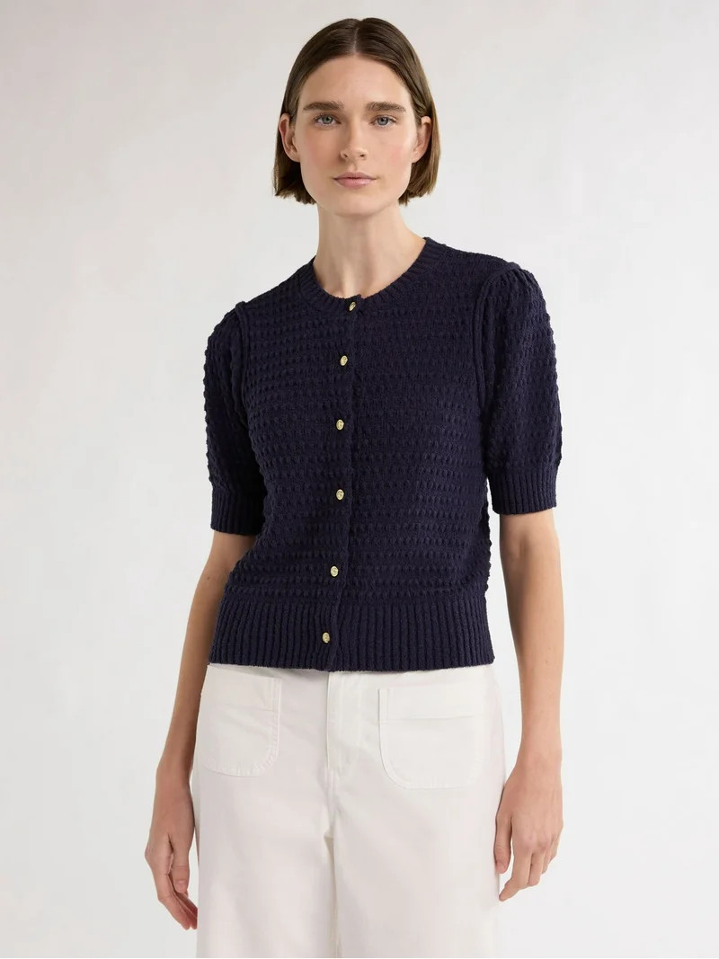 Free Assembly Women\u2019s Textured Cardigan Sweater with Short Puff Sleeves, Lightweight, Sizes ... | Walmart (US)