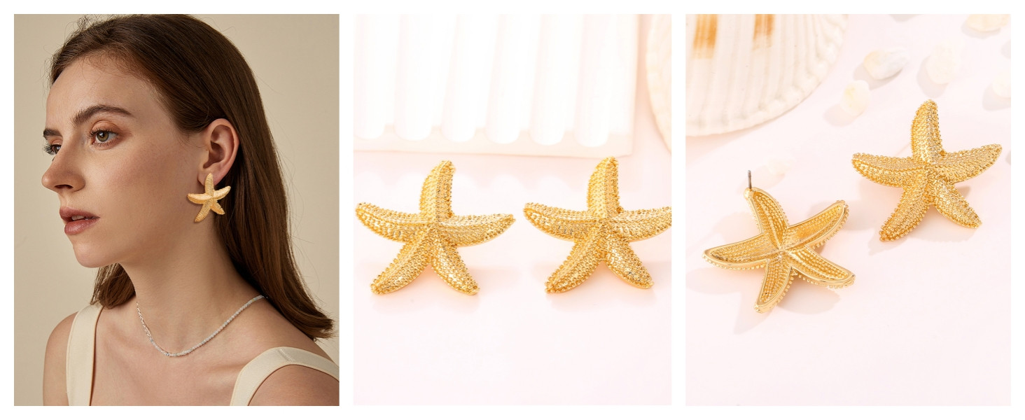 Gold Starfish Shell Conch Seashell Earrings - Trendy Summer Boho Ocean Chunky Statement Beach Jew... | Amazon (US)