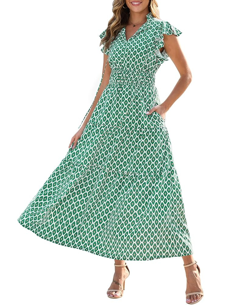 Kranda 2025 Women Summer Self-tie V Neck High Waist Ruffle Cap Sleeve Flowy Tiered Long Boho Flor... | Amazon (US)