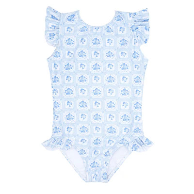 girls mosaic blue floral ruffle sleeve rashguard one piece | minnow