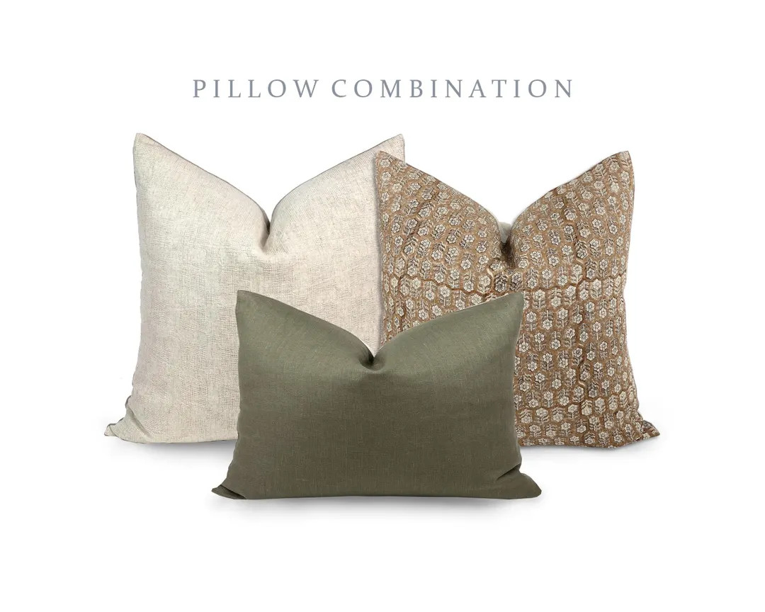PILLOW COMBO | Warm Neutrals, Beige Woven Pillow, Camel Floral Pillow, Green Pillow, Pillow Combi... | Etsy (US)