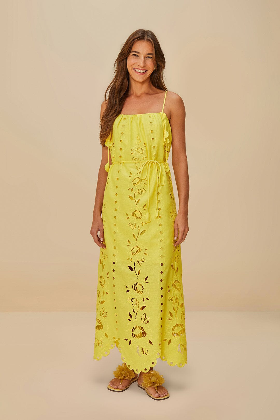 Yellow Richelieu Sleeveless LENZING™ ECOVERO™ Euroflax™ Maxi Dress | FarmRio (US)
