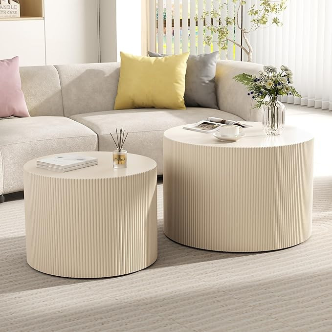 Round Coffee Table Set of 2, Modern Wooden Beige Nesting Coffee Tables for Living Room, No Assemb... | Amazon (US)