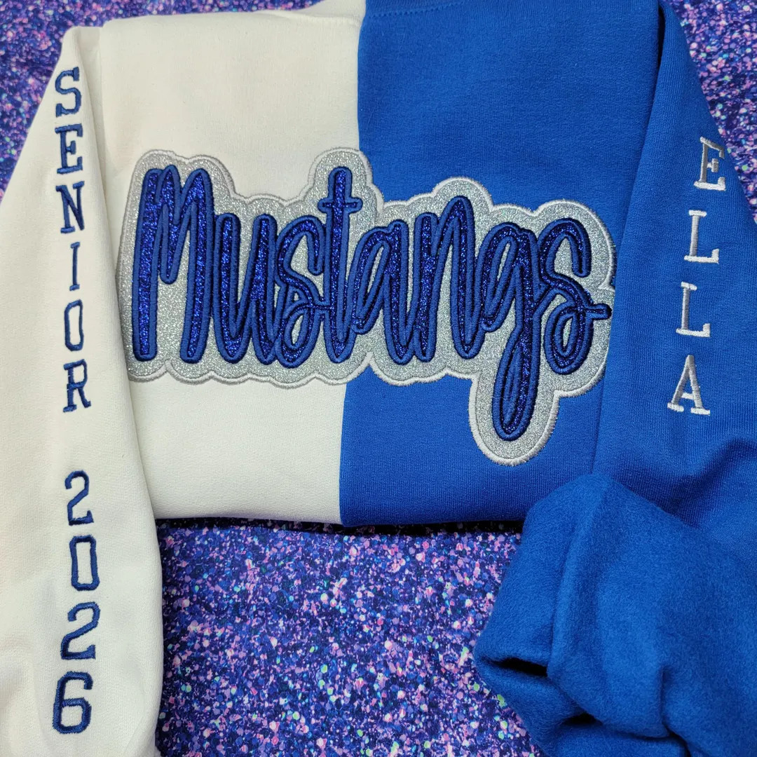 Team Name Two-tone Split Embroidered Crewneck Sweatshirt, Custom Double Applique Mascot Pullover ... | Etsy (US)