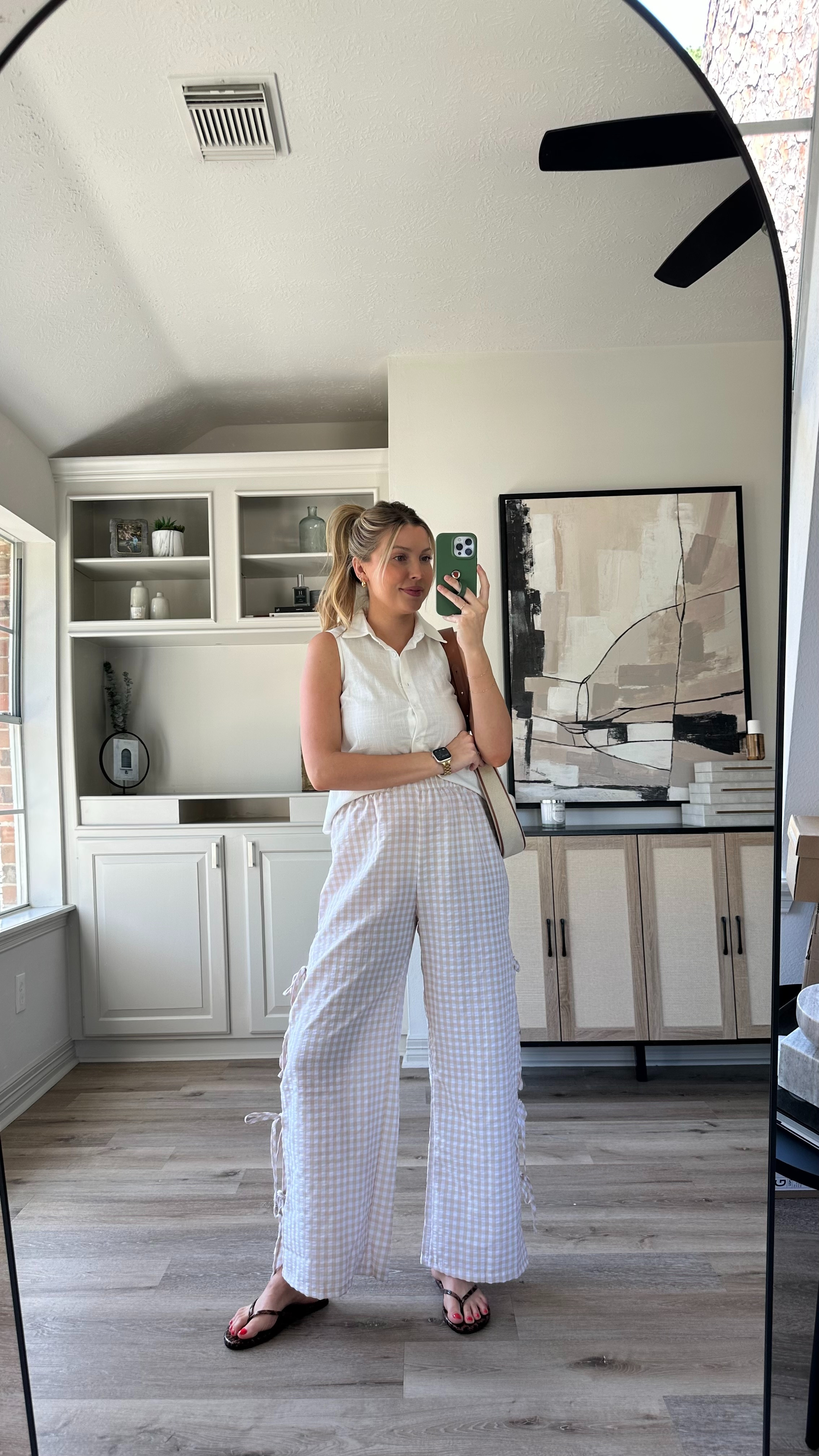 Casual Spring Outfit | I am loving these gingham pants for spring and this white button up top is perfect for nursing mamas. Wearing size M in the pants. Size S in the top. Sandals fit tts.  

 