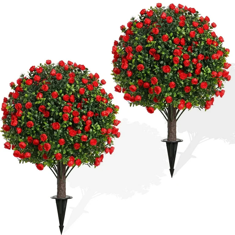 Artificial Boxwood Topiary Trees with Rose for Indoor Outdoor Porch & Planters 2-Pack UV Resistan... | Walmart (US)