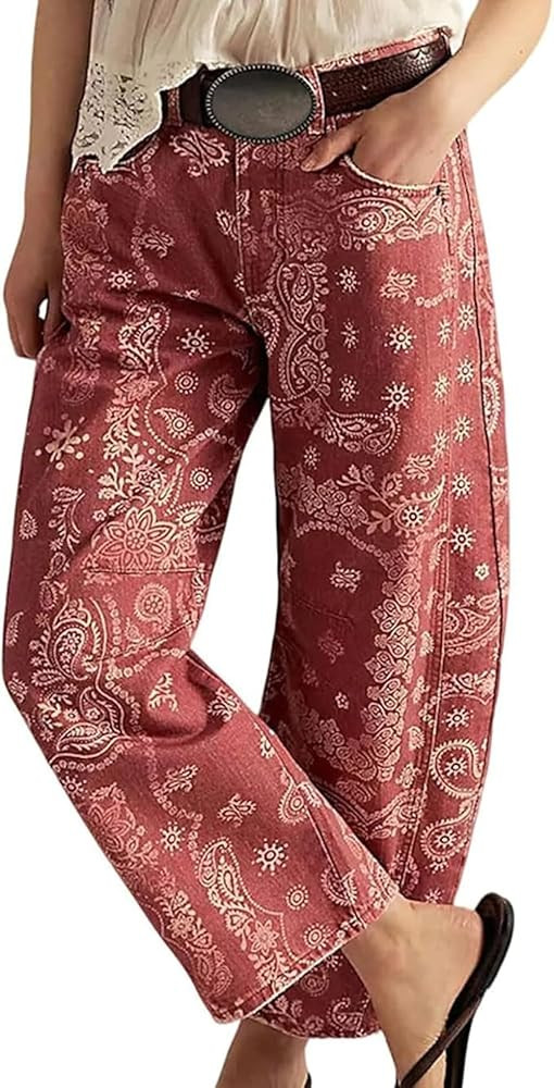 Eynuo Barrel Jeans for Women Baggy Wide Leg Y2k Boyfriend Bohemian Floral Print Jeans Mid Rise De... | Amazon (US)
