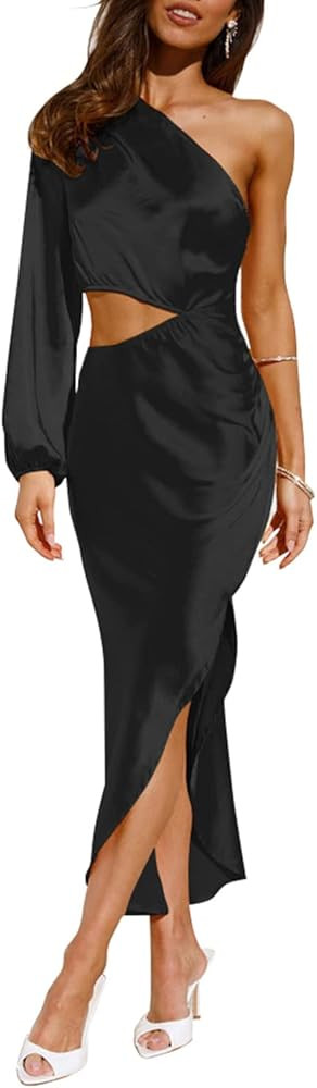 PRETTYGARDEN Women's Satin Midi Dress 2023 One Shoulder Long Sleeve Cutout Split Bodycon Cocktail... | Amazon (US)