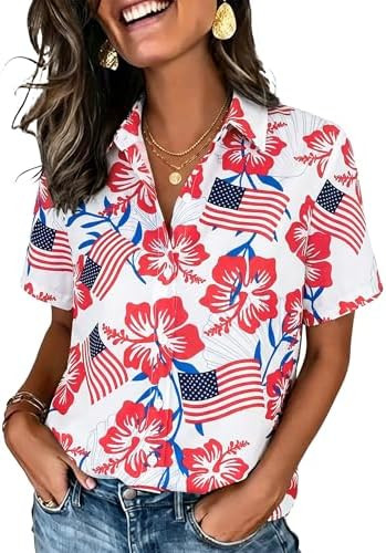 American Flag Shirt Women Patriotic Shirts 4th of July Tops USA Hawaii Floral Blouses Memorial Da... | Amazon (US)