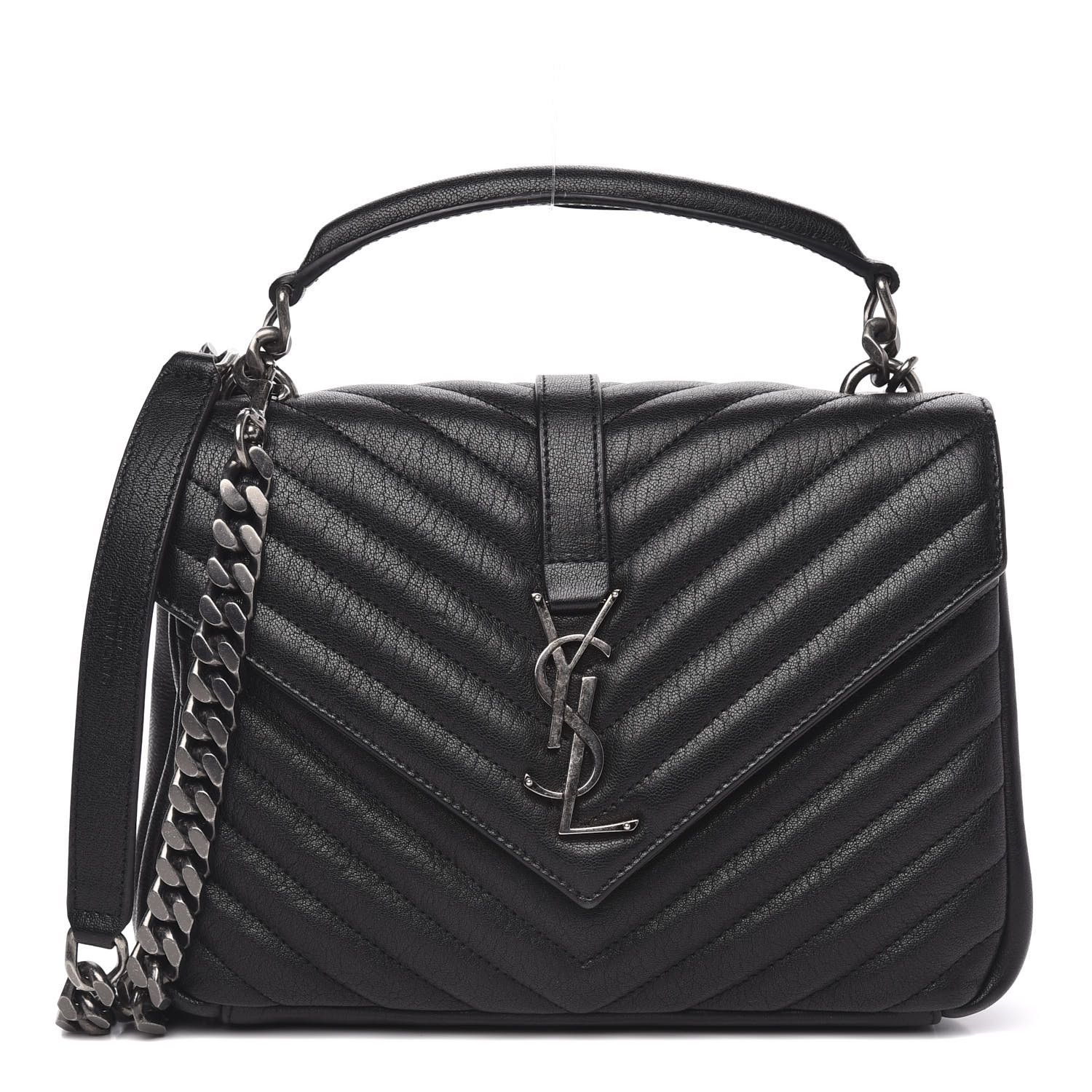 SAINT LAURENT Sheepskin Matelasse Chevron Monogram Medium College Bag Black | FASHIONPHILE | Fashionphile