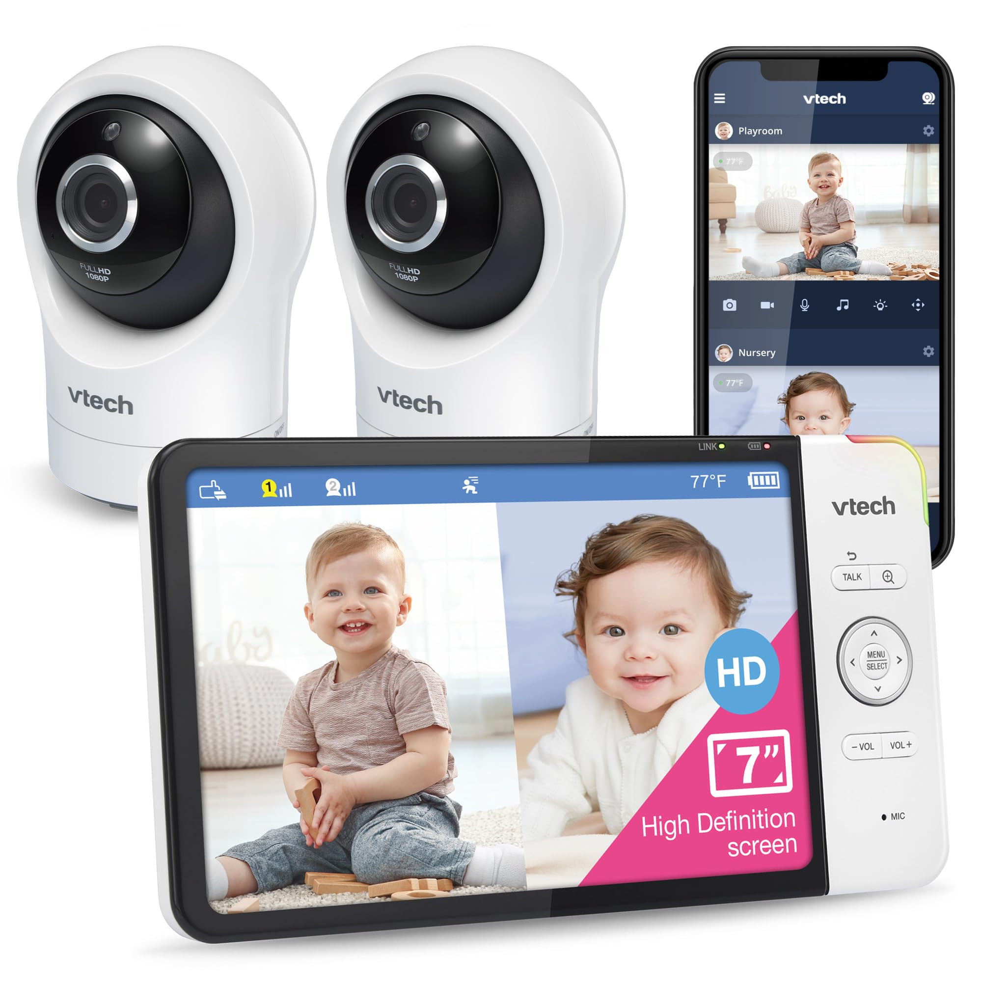 VTech RM7764-2HD Smart WiFi Baby Monitor with 2 Cameras, 1080p HD Video, 360° Pan & Tilt, 10x Zo... | Amazon (US)