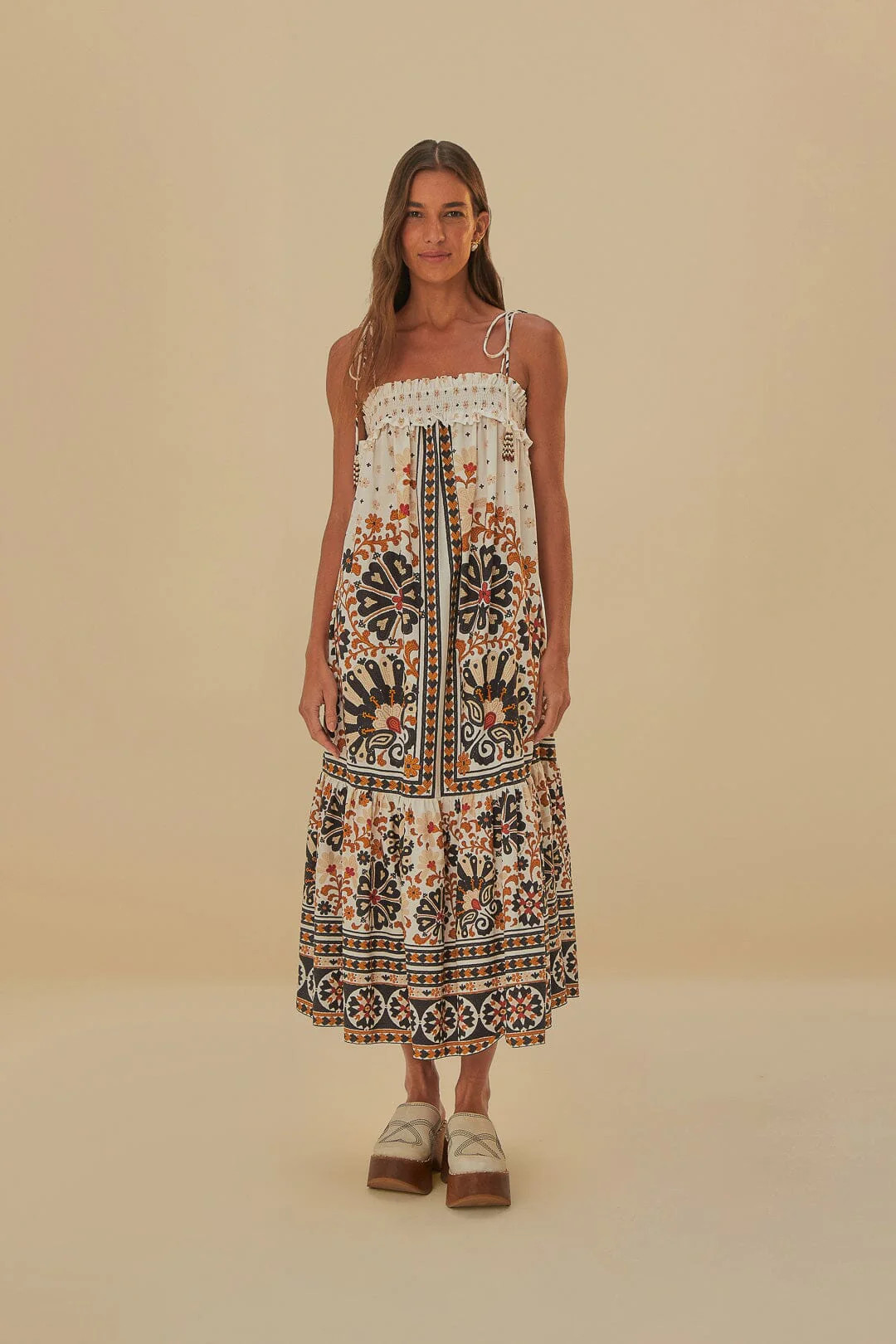 Flower Fan Tapestry Off-White Midi Dress | FarmRio (US)