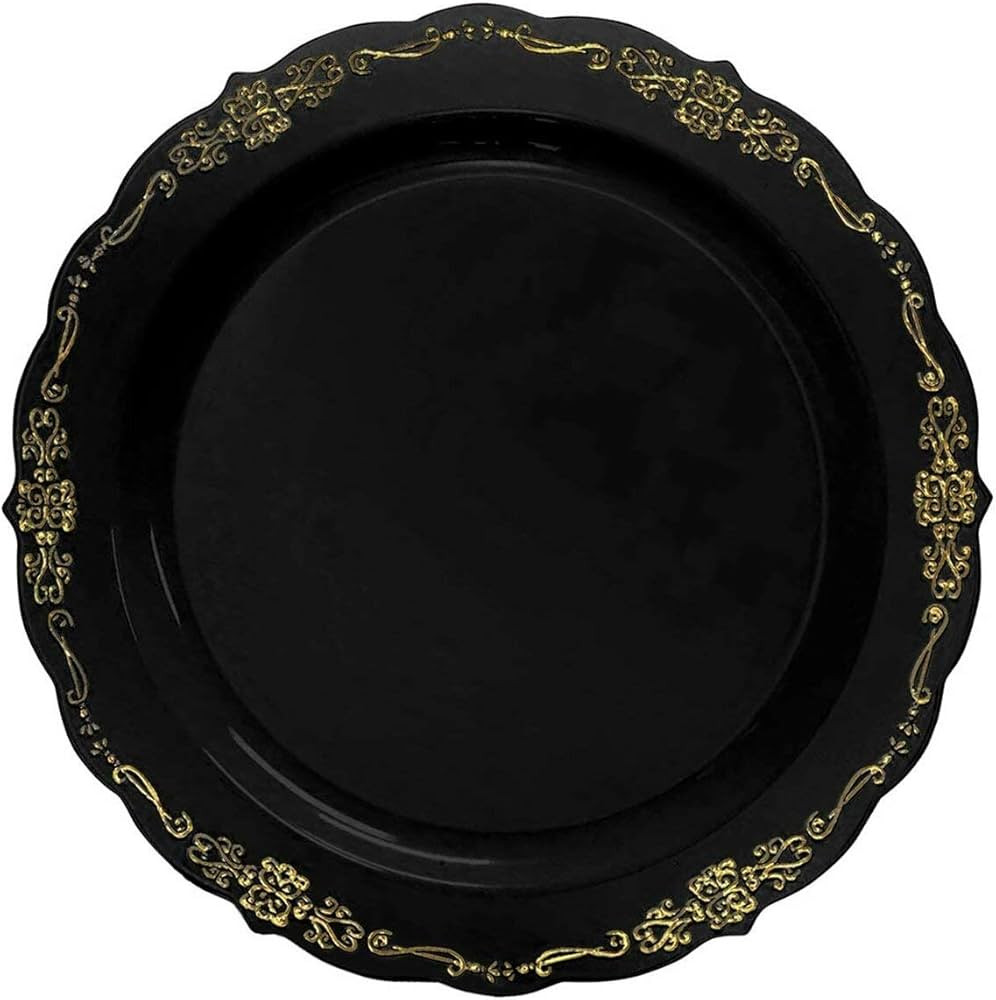 Kaya Elegant Black With Gold Vintage Rim Round Disposable Plastic Salad Plates - 7.5" (Packs of 1... | Amazon (US)
