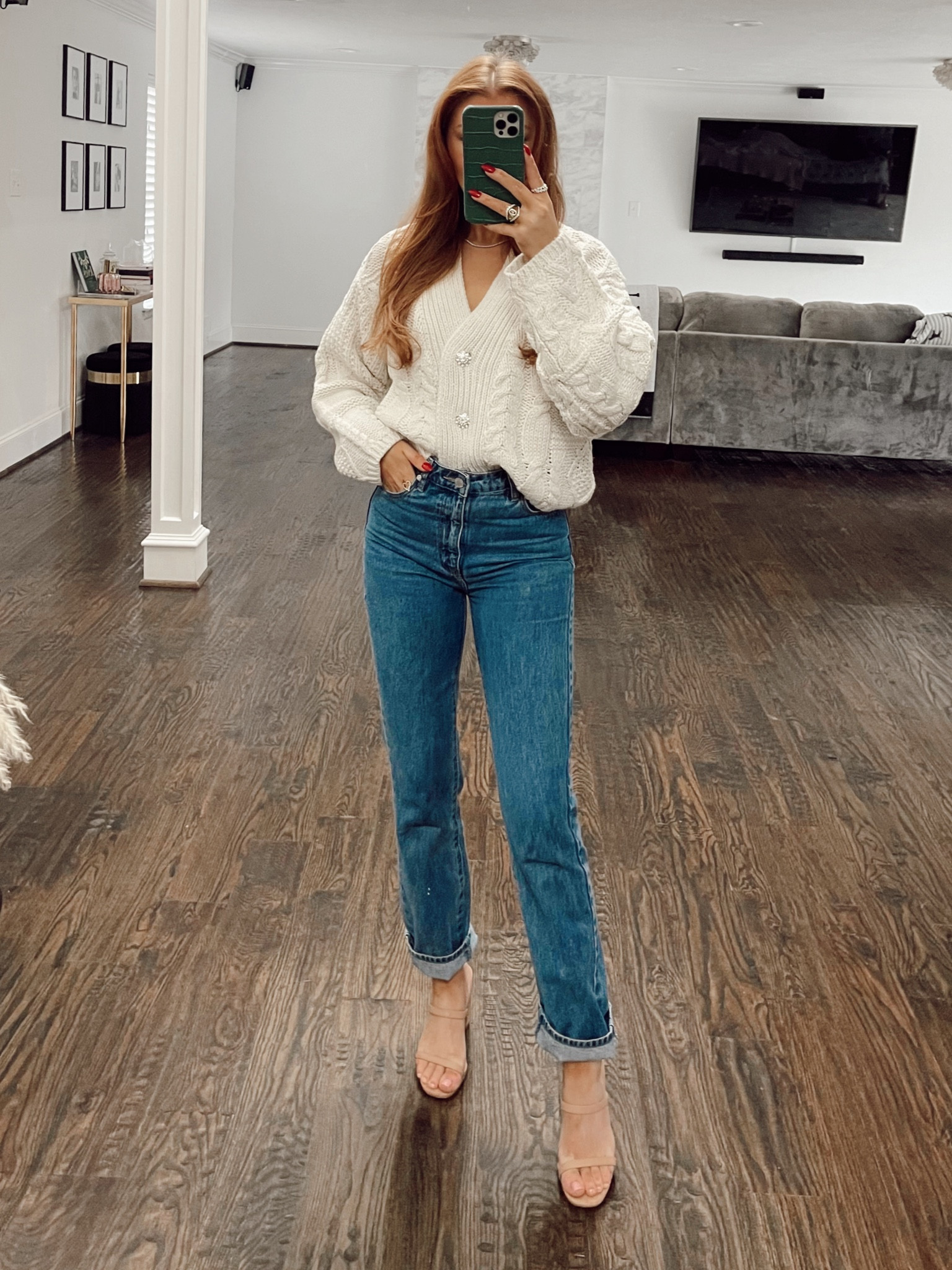 Cream sweater. Sweater with crystal buttons. Rhinestone buttons. Sweater weather. Knit cardigan. Vici. Vici dolls. Outfit ideas. Outfits. Straight leg jeans. Rollas denim. Rollas jeans  

#LTKunder100 #LTKstyletip #LTKSeasonal