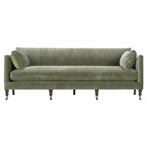 Madeline French Green Upholstered Brown Wood Brass Casters Nailhead Sofa - 90"W | Kathy Kuo Home