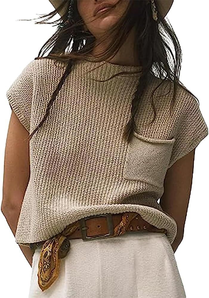 Women Cap Sleeve Knit Sweater Vest Crop Tops Casual Loose Tank Top Ribbed Pullover Shirts | Amazon (US)