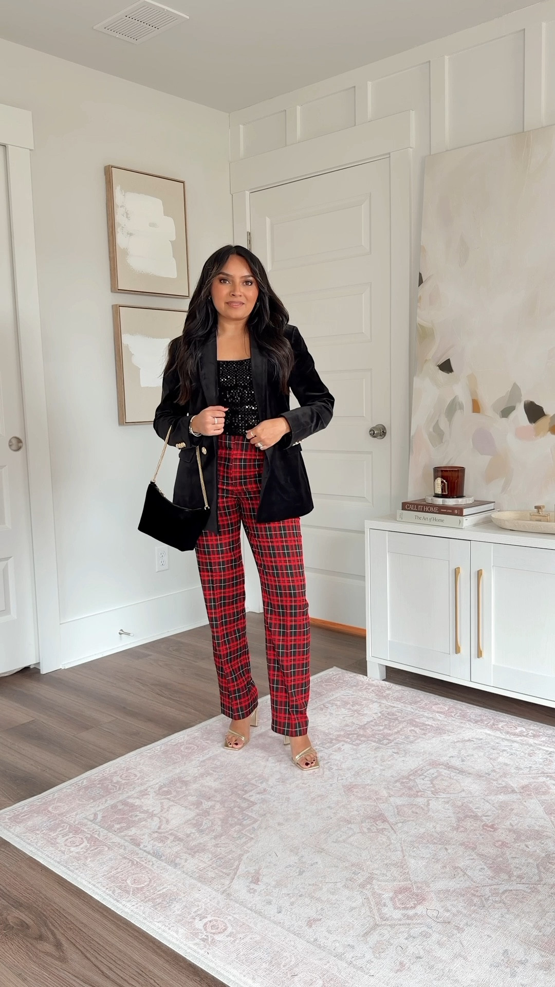 Black velvet blazer size 0 petite 
Sequin tank size xs petite TTS
Red plaid pants size 2 petite TTS
Gold heels size 5 TTS



#LTKPetite #LTKHoliday #LTKSaleAlert