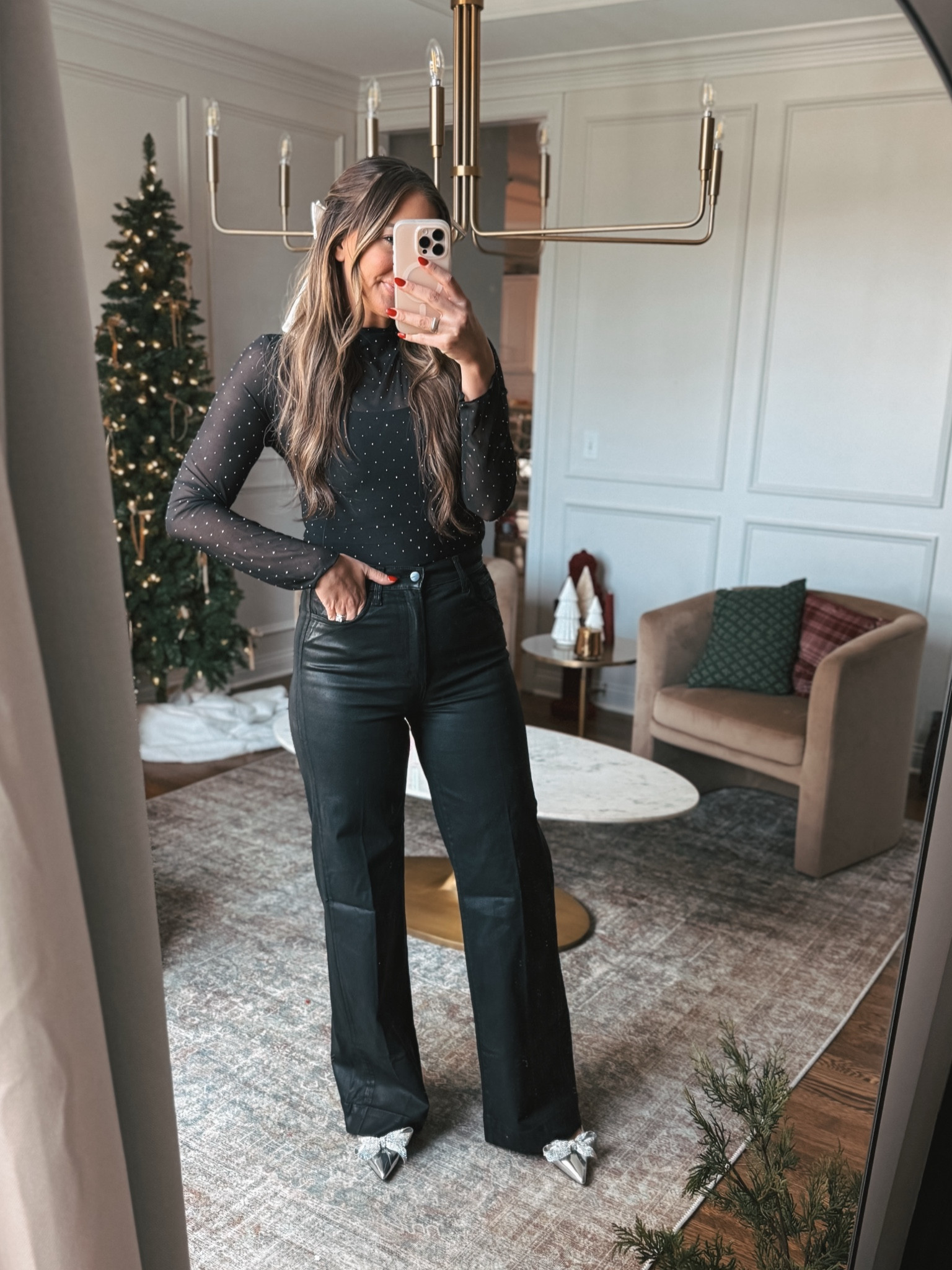 Holiday outfit idea my black coating pants are on MAJOR sale! These are a splurge but the fit is amazing! They fit true to size. My mesh top is from Amazon. And the cute rhinestone bow heels are Target 

Top tts small
Pants tts 29 (I’m between a 29 & 30)



#LTKFindsUnder100 #LTKHoliday #LTKSaleAlert