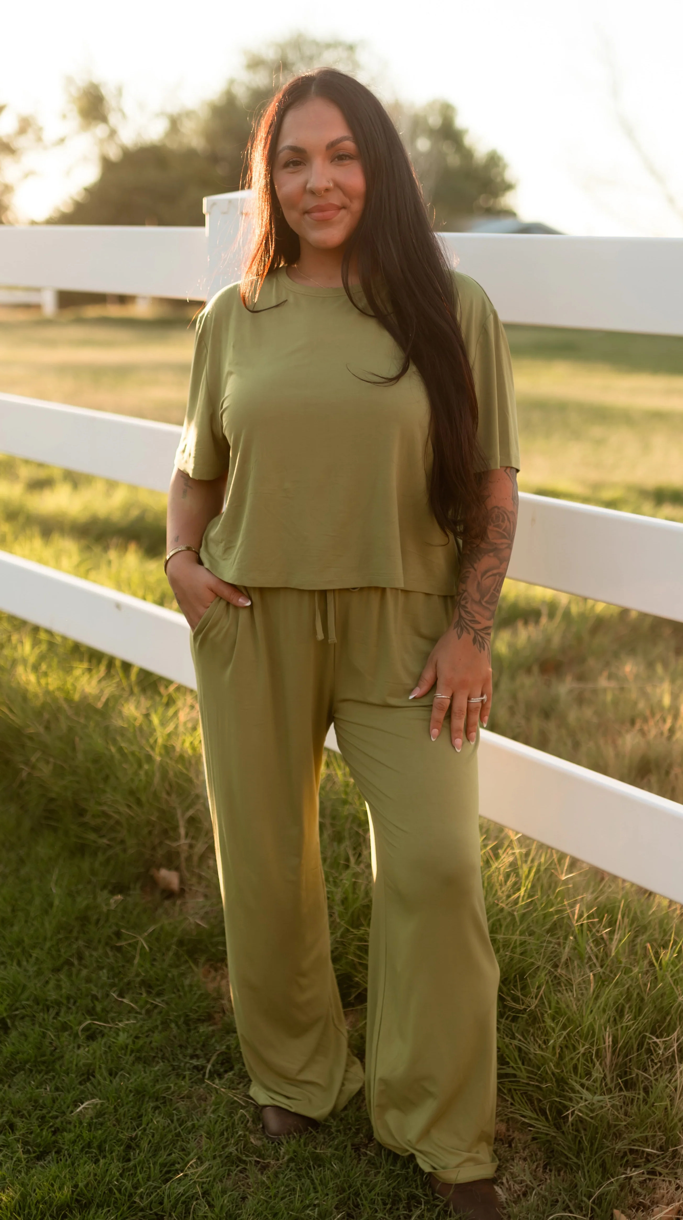 Women's T-Shirt and Pants Set in Olive Green | Silks Design