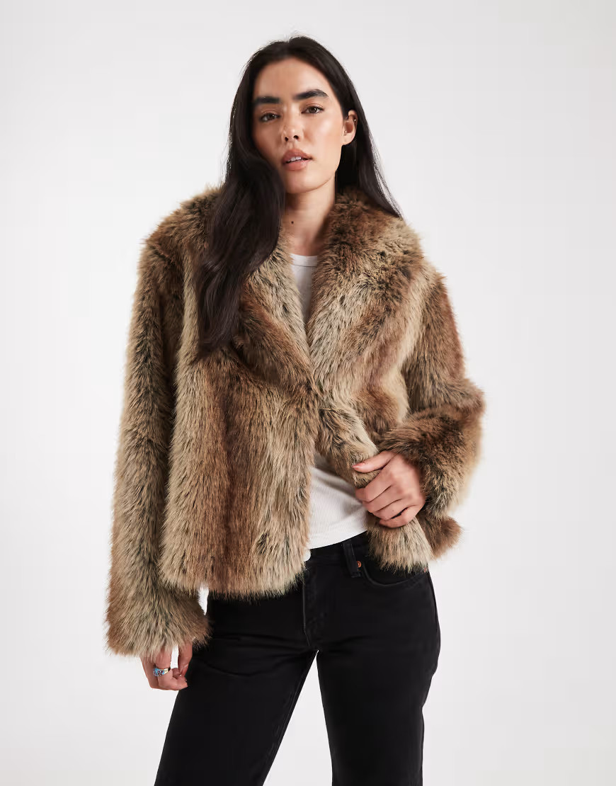 ASOS DESIGN shawl collar faux fur jacket in brown stripe-Multi | ASOS (Global)