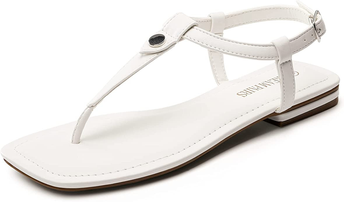DREAM PAIRS Women's SDFS2301W T-Strap Thong Flat Sandals with Cute Square Toe Strappy for Summer | Amazon (US)