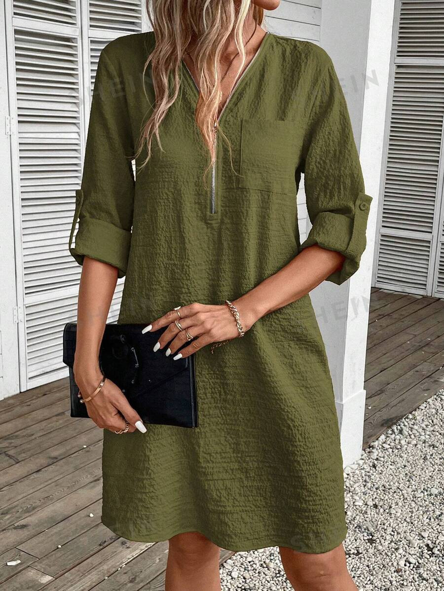 SHEIN LUNE Textured Zipper Half-Buttoned Dress With Patch Pockets | SHEIN