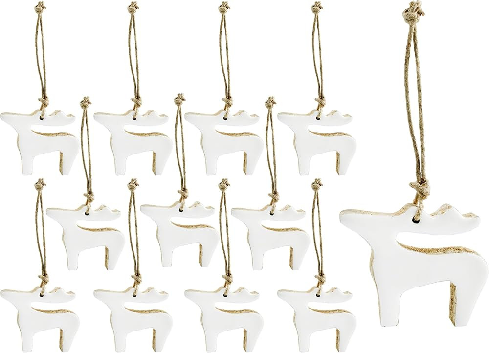 AuldHome White Reindeer Christmas Ornaments (12-Pack); Rustic Farmhouse Wood with Enamel Tree Dec... | Amazon (US)