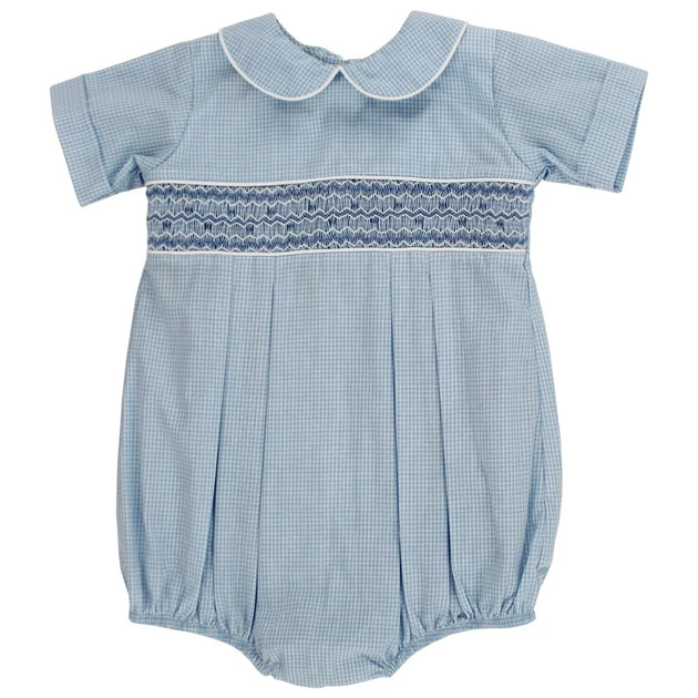 Lt. Blue Microcheck with Blue Geometrics - Dressy Bubble Short | The Bailey Boys, inc