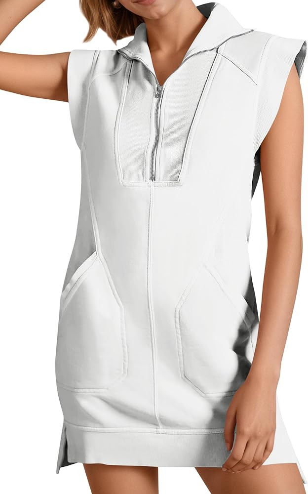 Fisoew Womens Summer Half Zip Sweatshirt Dresses V Neck Collared Sleeveless Workout Tunic Mini Dr... | Amazon (US)