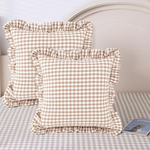 Kathfly 2 Pcs Taupe/White Plaid Ruffle Throw Pillow Covers Farmhouse Checkered 20'' x 20'' Washed Cotton Pillowcases Couch Gingham Pillow Shams for Living Room Bed, No Inserts | Amazon (US)