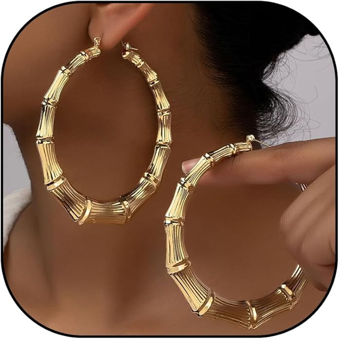 Bamboo Earrings Gold Bamboo Hoop Earrings for Women 90s Large Gold Hoop Earrings Trendy 90s Outfi... | Amazon (US)