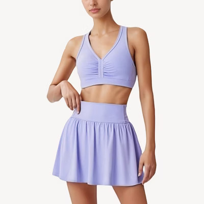 Anna-Kaci Active Women's Two-Piece Activewear Set with V-Neck Ruched Sports Bra and High Waist Flare Skirt - Large, Purple | Target