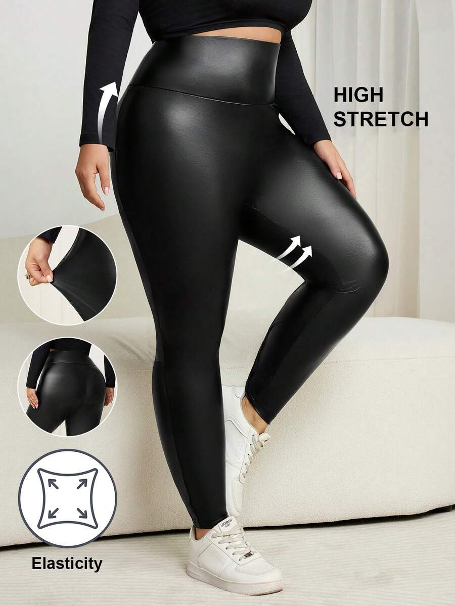 SHEIN CURVE+ Plus Size Autumn/Winter High Waist Black Faux Leather Leggings/2026 /New Year | SHEIN