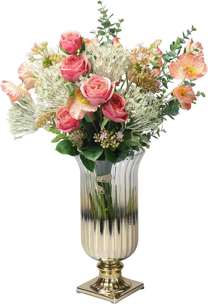 MyGift Vintage Style Brass Gradient Glass Vase with Pedestal and Floral Bouquet Arrangement Cente... | Amazon (US)