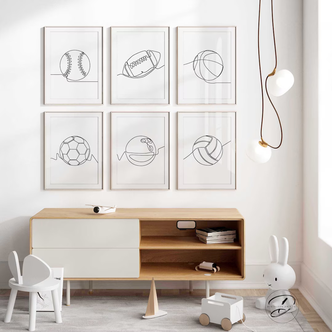 Line art Sports balls set of 6, Sports Poster, Sports ball prints, Minimalist Wall art, Boys bedr... | Etsy (US)