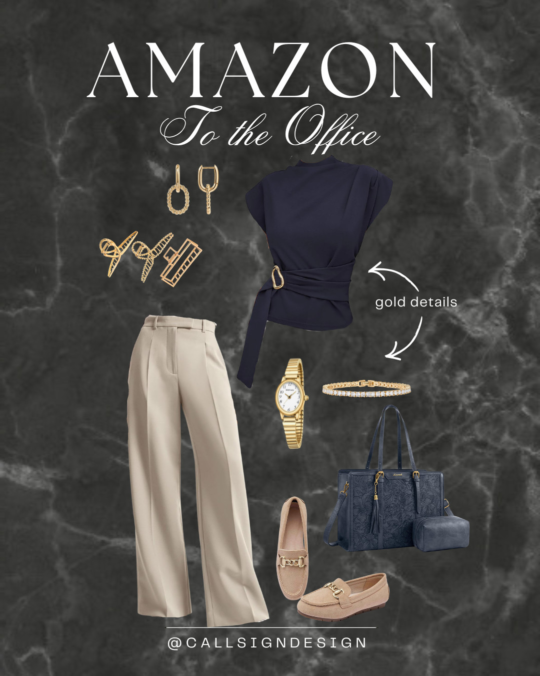 Workwear that works for everyone 💼✨
Crisp cream slacks paired with a navy top for a timeless look. Penny shoes keep it classic, while a roomy navy bag carries everything you need (even your laptop). Gold jewelry and hair clips add just the right amount of polish. Easy, professional, and chic! 

 #LTKdayinmylife #LTKgrwm #LTKootd