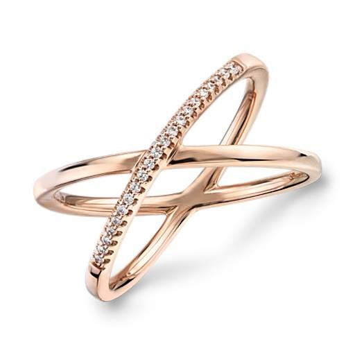Delicate Pavé Diamond Crossover Fashion Ring in 14k Rose Gold (1/10 ct. tw.) | Blue Nile | Blue Nile