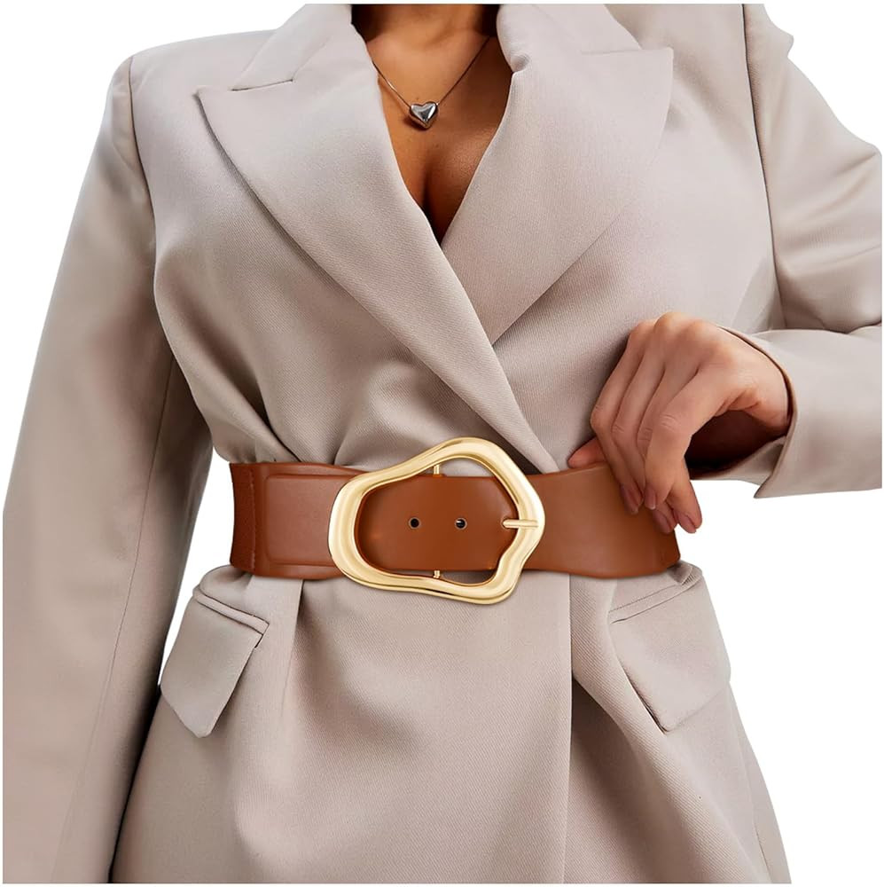 XZQTIVE Women Wide Elastic Waist Belt for Dresses Fashion Big Gold Buckle Stretchy Leather Waistb... | Amazon (US)