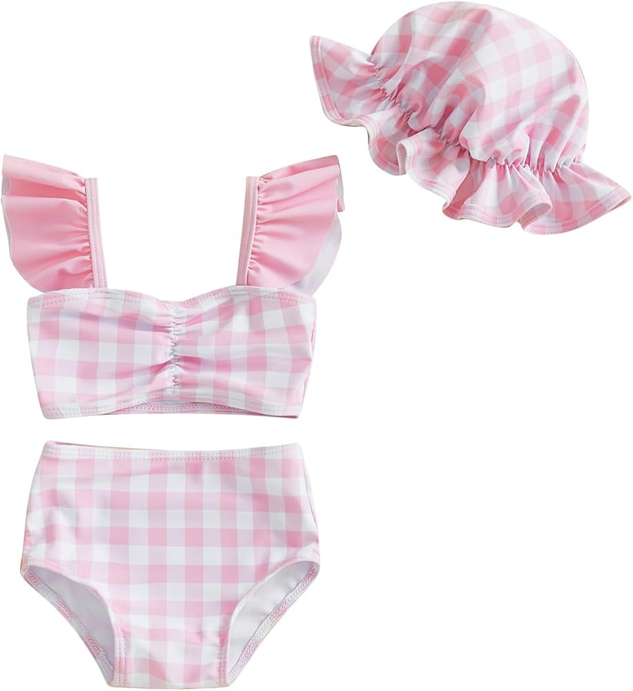Baby Girl 3 Piece Swimsuit Plaid Bathing Suit Ruffle Sleeveless Crop Top Swim Shorts Sun Hat Biki... | Amazon (US)