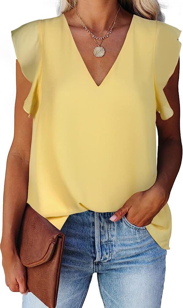 Alice CO Women's Summer V Neck Cap Sleeve Chiffon Casual Flowy Blouse Shirts … | Amazon (US)